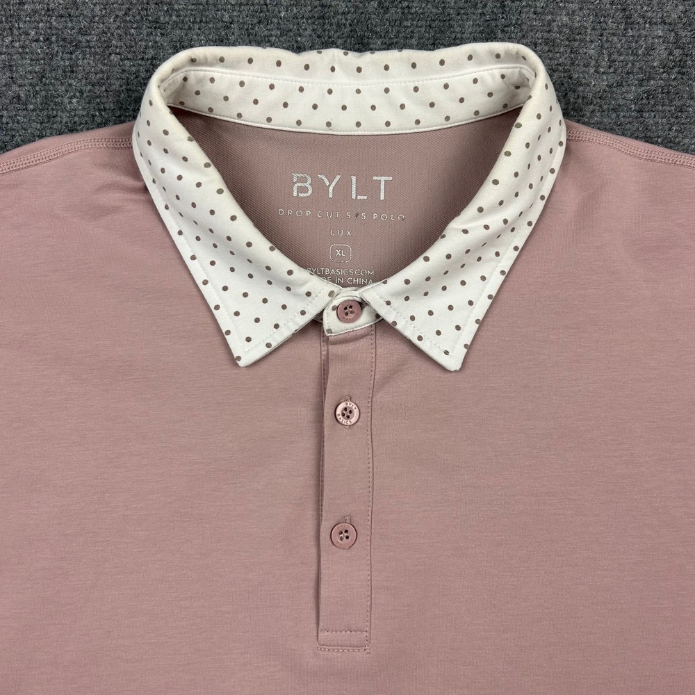 BYLT Drop Cut Lux Polo Mens XL Rose Pink Polka Dot Trim Short Sleeve Stretch